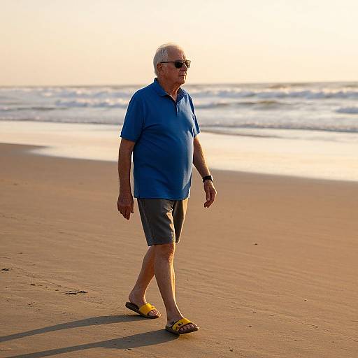 Photograph of an elderly white man with short gray hair, wearing sunglasses, blue polo shirt, gray shorts, yellow sandals, walking on a sunny beach