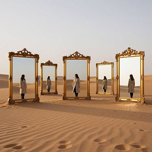 Photograph of a desert with five ornate, gold-framed mirrors reflecting a lone, silhouetted woman in a long coat, casting shadows