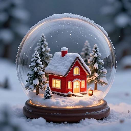 Photograph of a glowing snow globe with a red wooden house, illuminated windows, snow-covered evergreen trees, and a wooden base.