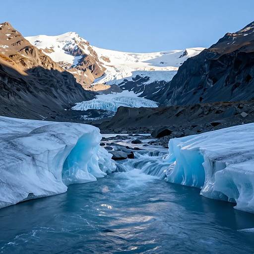 Sunlit Glacial Valley with Cascading Ice