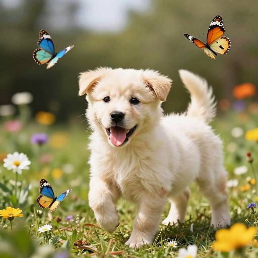 Adorable fluffy white puppy with black nose and pink tongue joyfully runs in colorful flower field, surrounded by three vibrant butterflies.