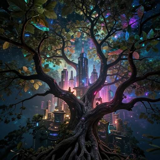 Iridescent Ancient Tree Futuristic City