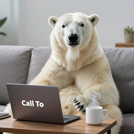 Photograph of a realistic polar bear sitting on a gray couch, using a laptop with 