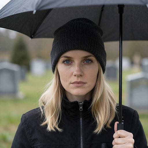 Blonde Woman Holding Umbrella in Cemetery