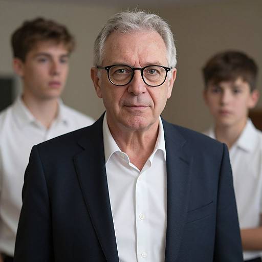 Photograph of an older white man with gray hair, black glasses, and black suit, in front of two blurred teenage boys in white shirts.