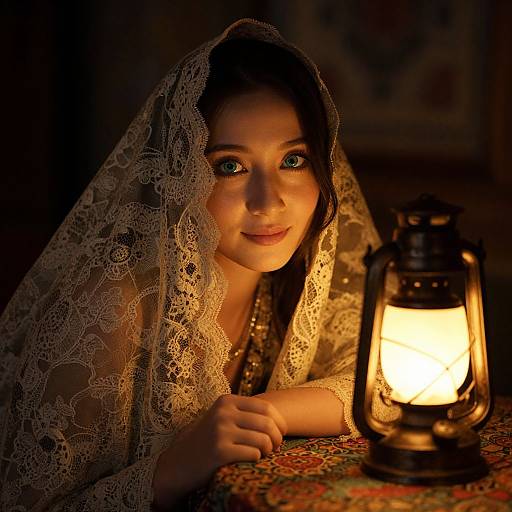 Photograph of a young woman with green eyes, wearing a lace veil, gazing at a glowing lantern on a patterned table. Warm, dim