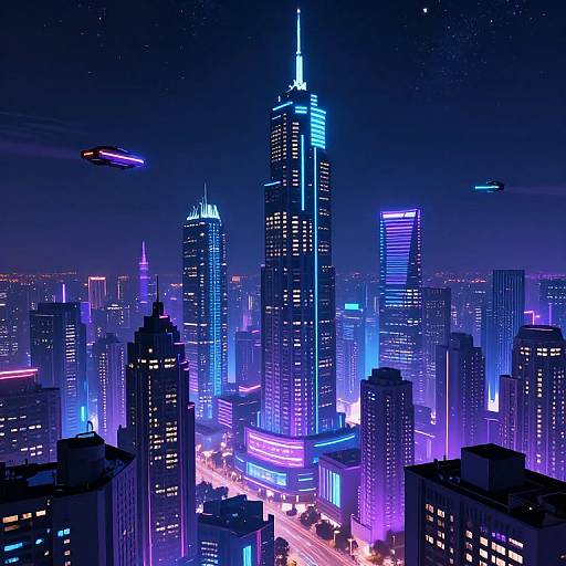 Neon-lit, futuristic cityscape at night with glowing skyscrapers, flying drones, and vibrant blue and purple lights. CGI artwork.