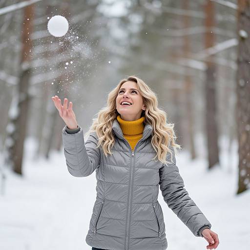 Blonde woman with wavy hair, gray puffer jacket, yellow turtleneck, joyfully catches snowflake in snowy forest. Photograph.