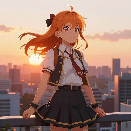 Anime-style digital illustration of a red-haired girl with a black bow, wearing a school uniform, standing on a rooftop at sunset, city skyline in the