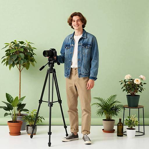 Young Man with Camera in Tranquil Garden