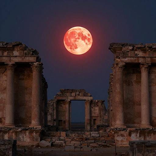Red Haloed Moon Over Ancient Ruins