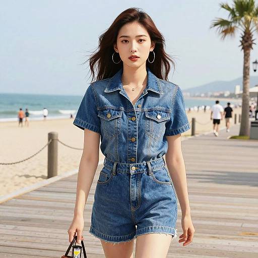 Photograph of an Asian woman with long dark hair, wearing a blue denim short-sleeve romper, standing on a sunny beach boardwalk,