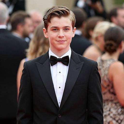 Photograph of a young, fair-skinned, brown-haired man with neatly styled hair, wearing a black tuxedo with a white shirt and black