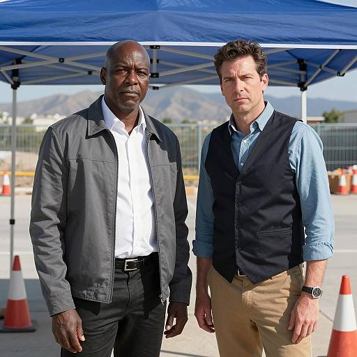 Two Men Under Blue Canopy