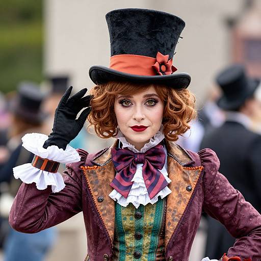 Photograph of a fair-skinned woman with curly red hair, wearing a black top hat, red ribbon, maroon Victorian dress, white ruffles