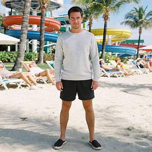 Photograph of a young man with short dark hair, wearing a white long-sleeve shirt, black shorts, and black slip-on shoes, standing