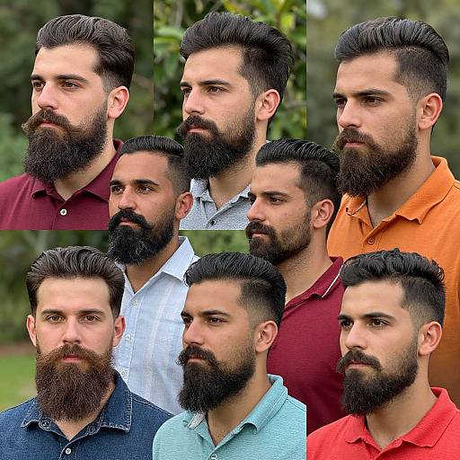 Photograph collage of nine bearded men with dark hair, diverse shirt colors, serious expressions, and background of green foliage.