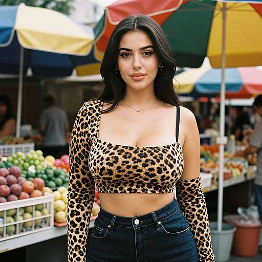 Photograph of a young woman with long black hair, wearing a leopard-print crop top and high-waisted jeans, standing in a colorful outdoor market