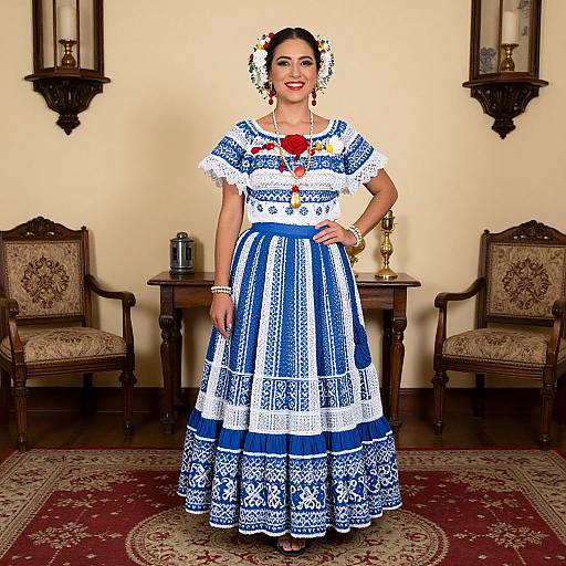 Photograph of a smiling woman in blue and white lace Spanish flamenco dress, red rose, white hair flowers, standing in ornate room.