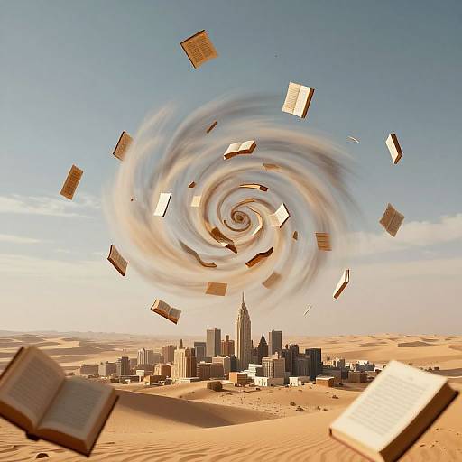 Photograph-style digital artwork: swirling books above a sunlit, desert cityscape with skyscrapers, including a tall building, under a blue sky