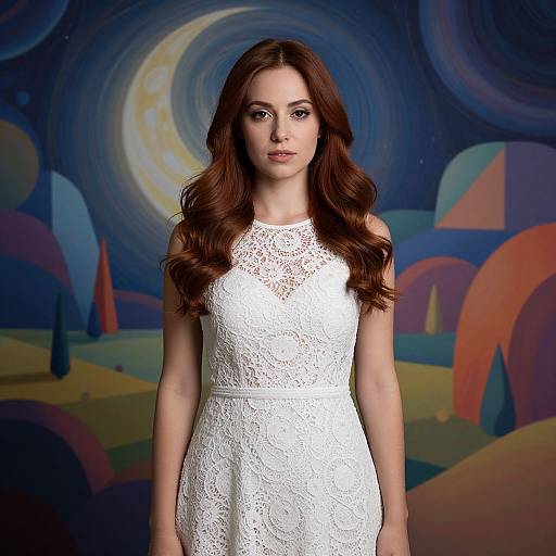 Photograph of a woman with long brown hair in a white lace sleeveless dress, standing against a colorful, abstract, nighttime landscape background.