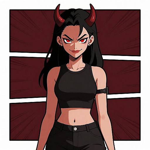 Digital anime-style drawing of a confident, red-eyed demon girl with black hair, red horns, black crop top, and pants, against a dark,