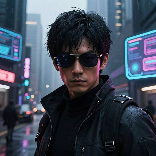 Photograph of a serious Asian man with wet, black, messy hair and dark sunglasses, wearing a black jacket and backpack, standing in a neon-l