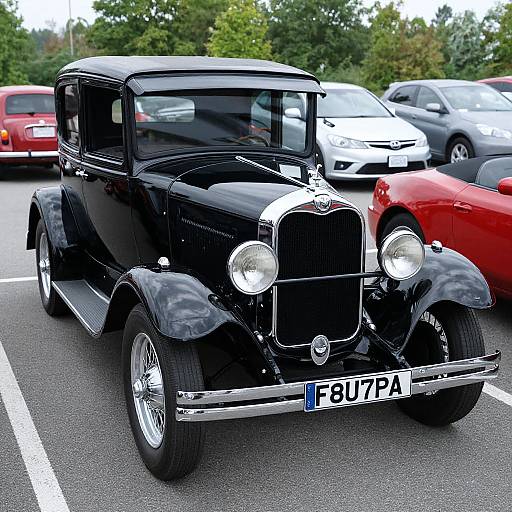 Photograph of a shiny black vintage car with chrome details, white racing stripe, and license plate 