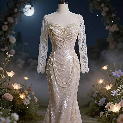 Photograph of a shimmering, pearl-embellished, long-sleeve, lace-trimmed, form-fitting evening gown displayed on