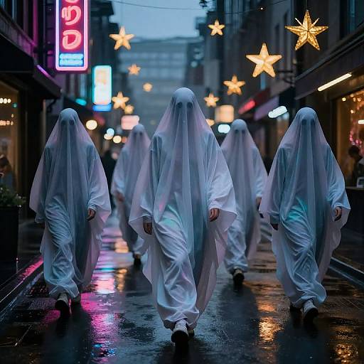 Photograph of seven ghostly figures in white sheets walking down a wet, neon-lit street at dusk, with glowing star decorations overhead.