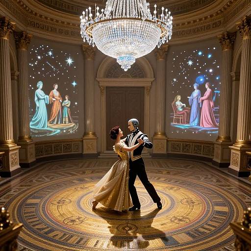 Elegant ballroom dance couple under a grand crystal chandelier, surrounded by glowing classical paintings on ornate walls. (Photorealistic CGI)