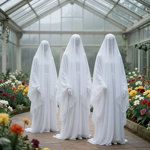 Three ghostly white figures in flowing robes stand in a sunlit greenhouse, surrounded by vibrant flowers; their faces obscured by hoods. Photographic image
