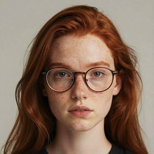 Photograph of a fair-skinned, freckled young woman with long red hair, wearing round glasses, looking directly at the camera.