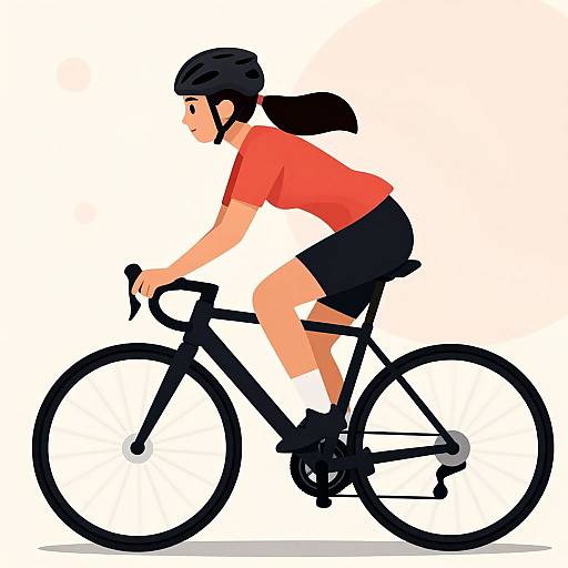 Digital illustration of a woman with black hair in a ponytail, wearing a red shirt, black shorts, and helmet, riding a black bicycle against a