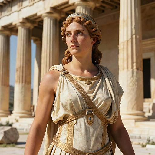 Photorealistic digital painting of a young woman with wavy brown hair, wearing a Greek-inspired white dress and headband, standing in front of ancient