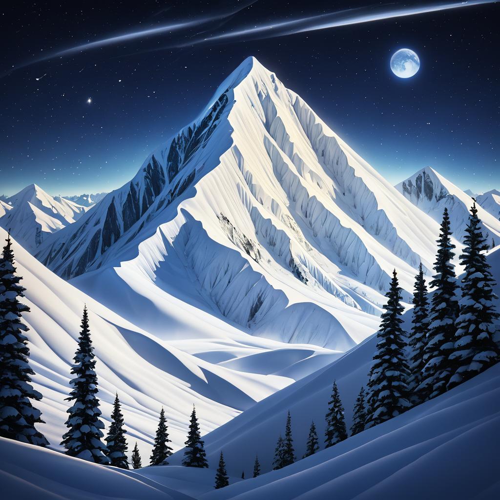 Surreal Winter Night at Snow-Capped Peaks