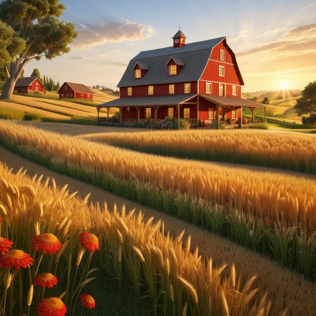 Golden Wheat Field Rustic Farmhouse Scene