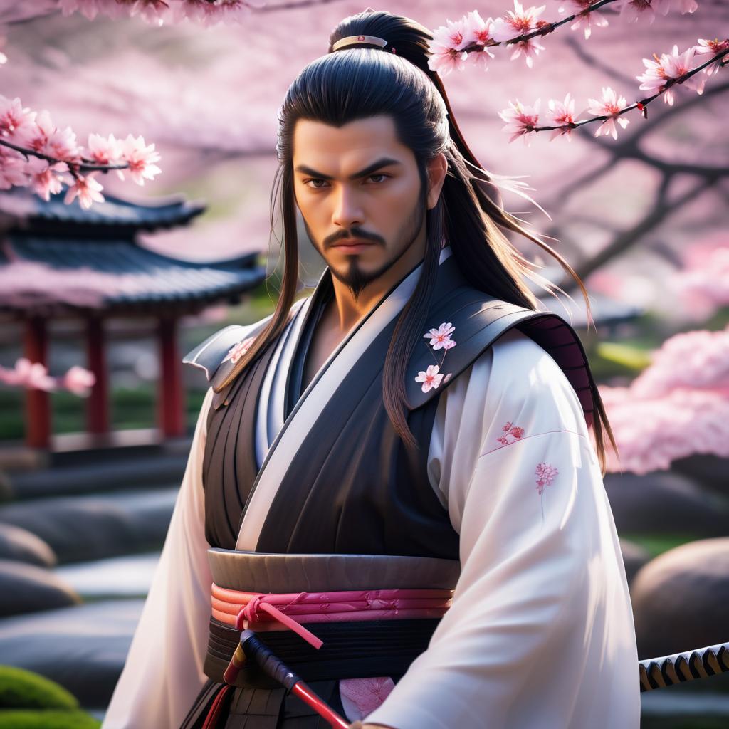 Elegant Samurai in Cherry Blossom Garden