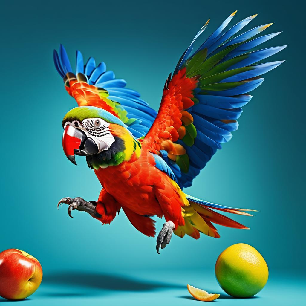 Action-Packed Macaw Diving for Fruit