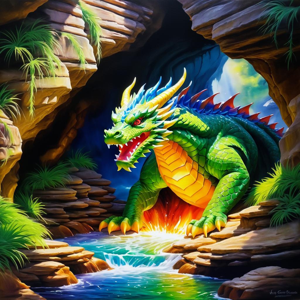 Majestic Dragon Exiting Cave in Oil Painting