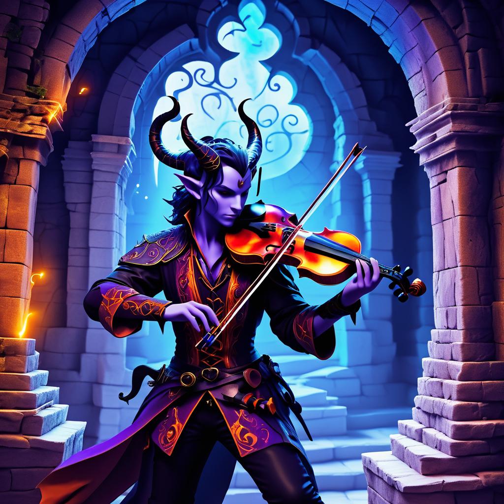 Haunting Tiefling Bard in Ancient Ruins