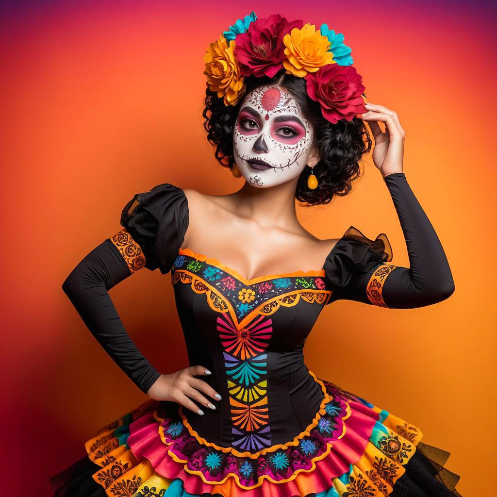 Cheerful Young Woman in Catrina Costume