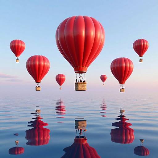 Photograph of seven red hot air balloons floating above calm water, reflecting in the water's surface against a clear blue sky.