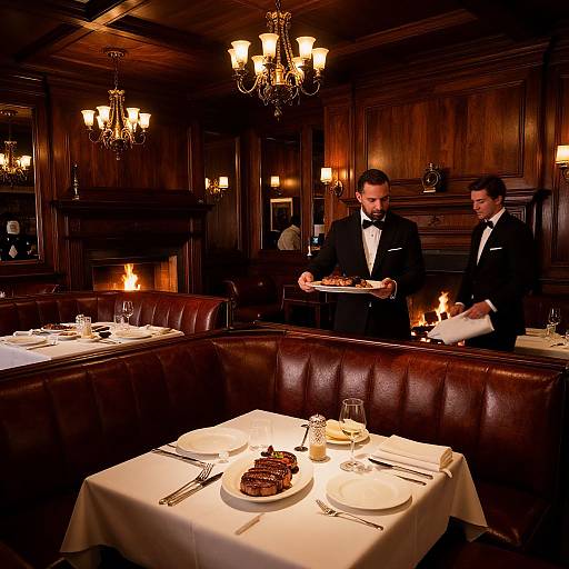 Photograph of a dimly lit, upscale restaurant with dark wooden walls, leather booths, and chandeliers. Two waiters in black tux