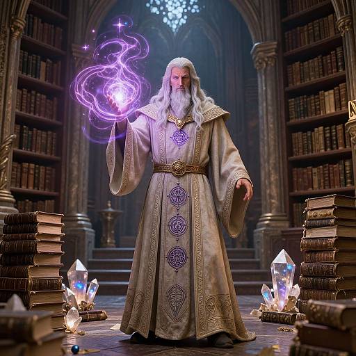 Photorealistic digital art of a white-bearded wizard in ornate robes, casting purple magical energy in a dimly lit, grand library.