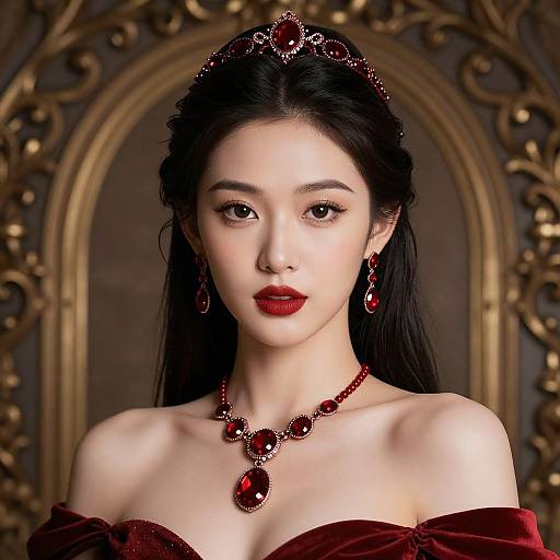 Digital portrait of an elegant Asian princess with long black hair, red lipstick, red gemstone jewelry, and off-shoulder red velvet dress, set