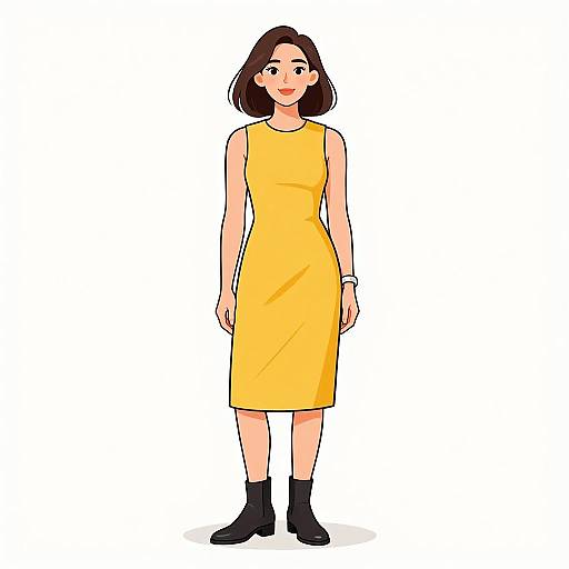 Digital cartoon of a smiling woman with short brown hair, wearing a sleeveless yellow dress and black ankle boots, standing against a plain white background.