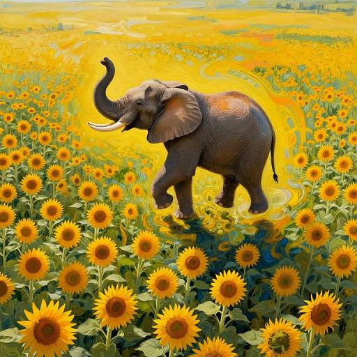 Digital artwork of a playful elephant with raised trunk standing in a vibrant, sunlit sunflower field, surrounded by numerous yellow sunflowers.