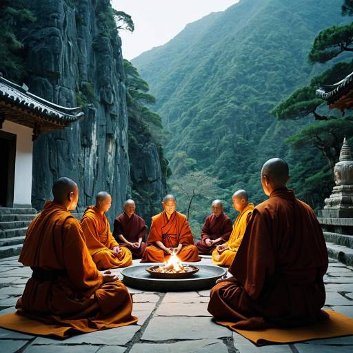 Monks Meditating Around Fire in Mountain Monastery