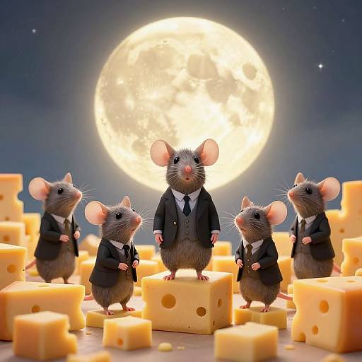 Photograph of five mice in black suits standing on cheese cubes, with a large, bright full moon in the night sky background.